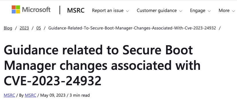 Microsoft Secure Boot のゼロデイ CVE-2023-24932：アップデートして